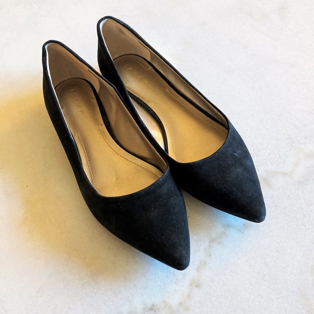 New! Tahari Eda black suede pointed toe flats / shoes with gold trim, block heel